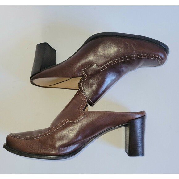 Franco Sarto Shoes - FRANCO SARTO NOVA Brown Leather Heeled Slides Loafer Clog Mules Shoe 8.5M